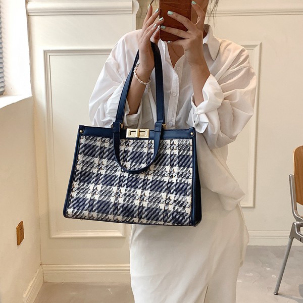 New Korean fashion portable canvas bag one shoulder bag trend plaid large capacity Tote bag