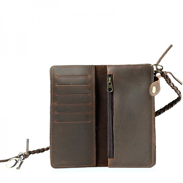 Youkan Fashion Vintage crazy horse leather cellphone long purse outdoor waist wallet with chain 