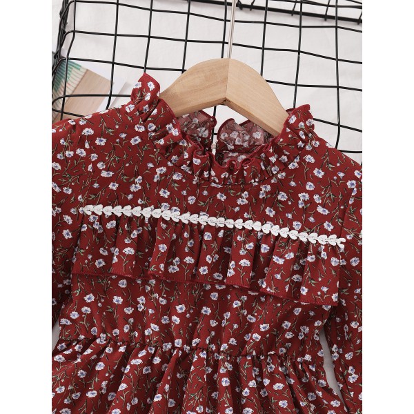 Cute  Kids Clothing Autumn Cotton Knee Length Girl Smock Ruffles Dress 