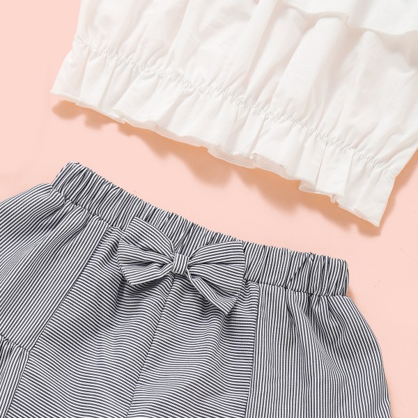 New summer girl suit white sling top striped shorts suit baby clothes outfits 