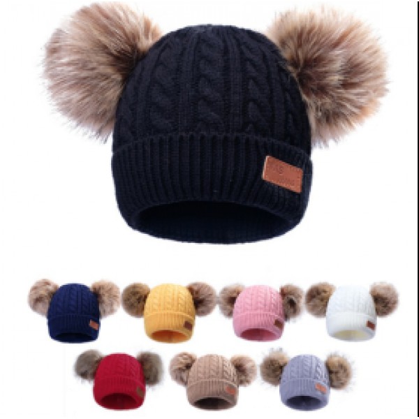 Lovely Warm Winter Unisex Child Kids Knit Beanie Hats for with Two Double Pom Pom 