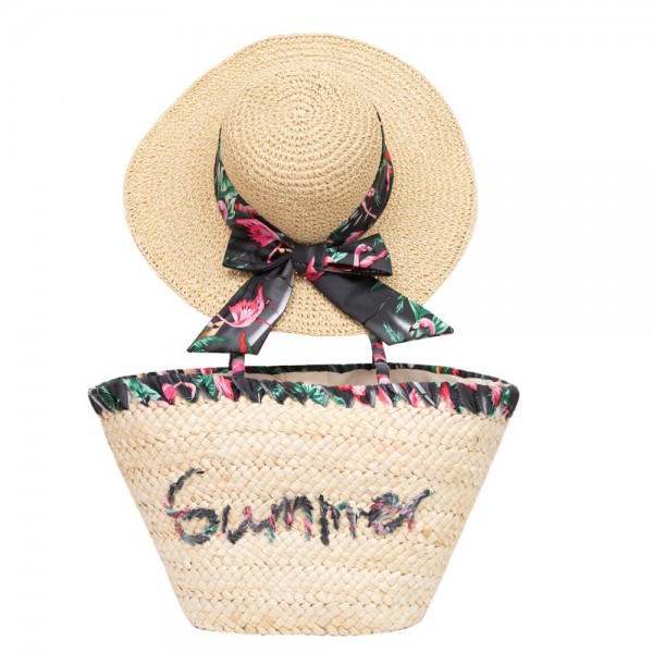 Corn-husk hand-embroidered parent-child beach sunscreen straw hat woven bag set