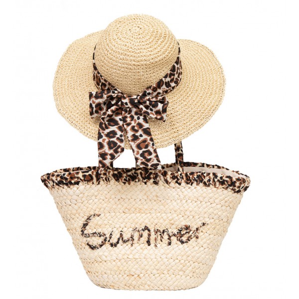 Corn-husk hand-embroidered parent-child beach sunscreen straw hat woven bag set